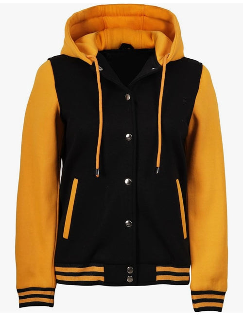 Classic Black & Mustard Yellow Hooded Varsity Jacket