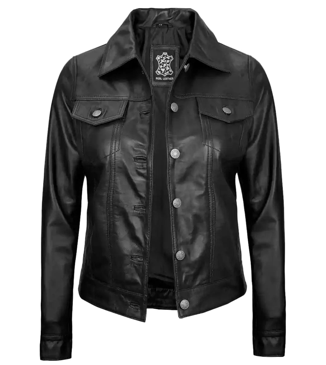 Classic Black Button-Front Leather Jacket