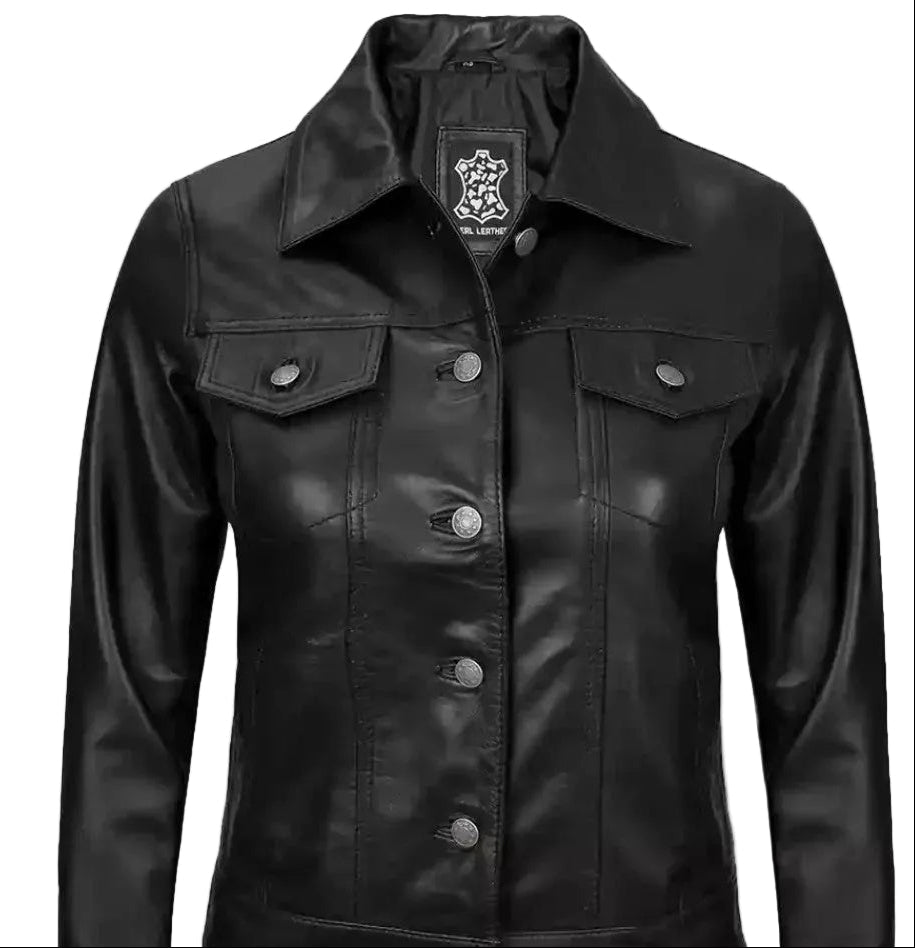 Classic Black Button-Front Leather Jacket