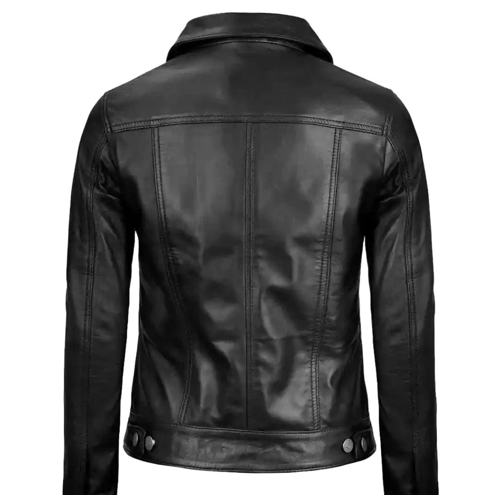 Classic Black Button-Front Leather Jacket