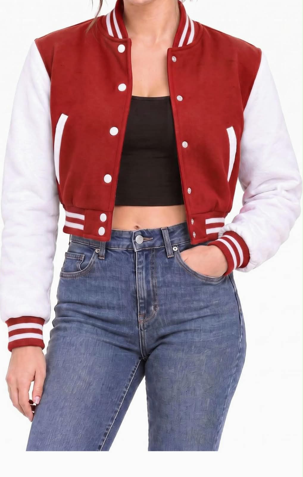 Red & White Cropped Letterman Varsity Jacket