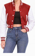 Red & White Cropped Letterman Varsity Jacket